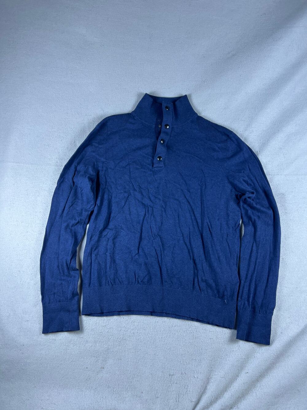 Banana Republic Sweater Mens L Blue Snap Button Mock Neck Pullover Knit Ribbed